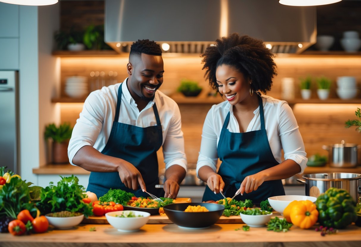 A couple cooking together in a modern kitchen, smiling and preparing food with fresh ingredients on the counter.
