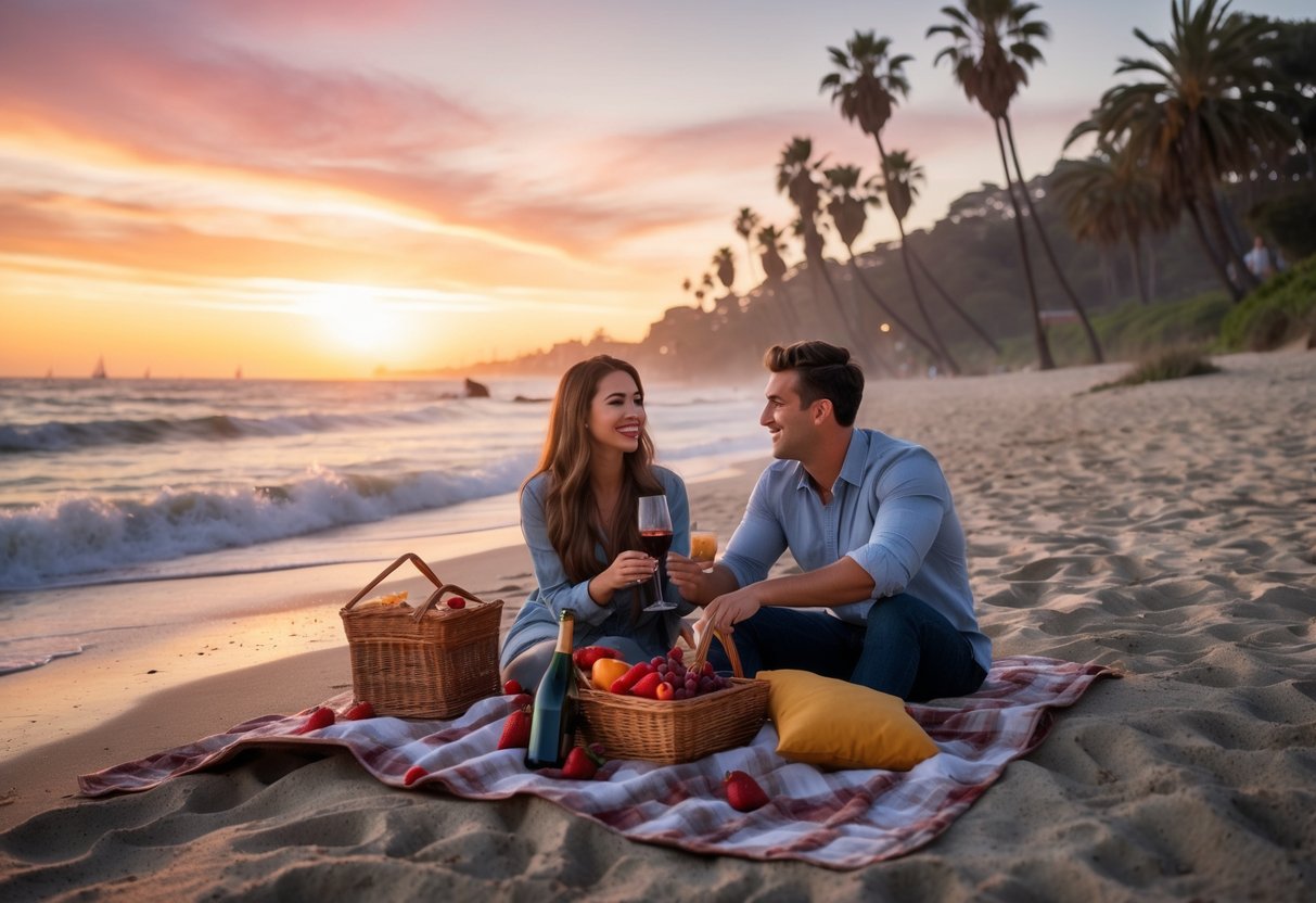 A young couple having a picnic on a beach at sunset with palm trees and the ocean in the background.