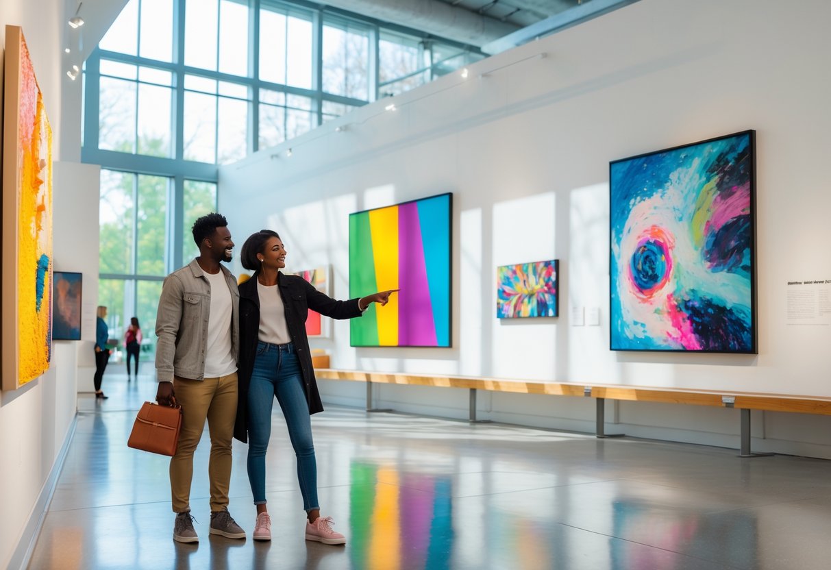 A young couple enjoying contemporary art exhibits together inside a bright and spacious museum.