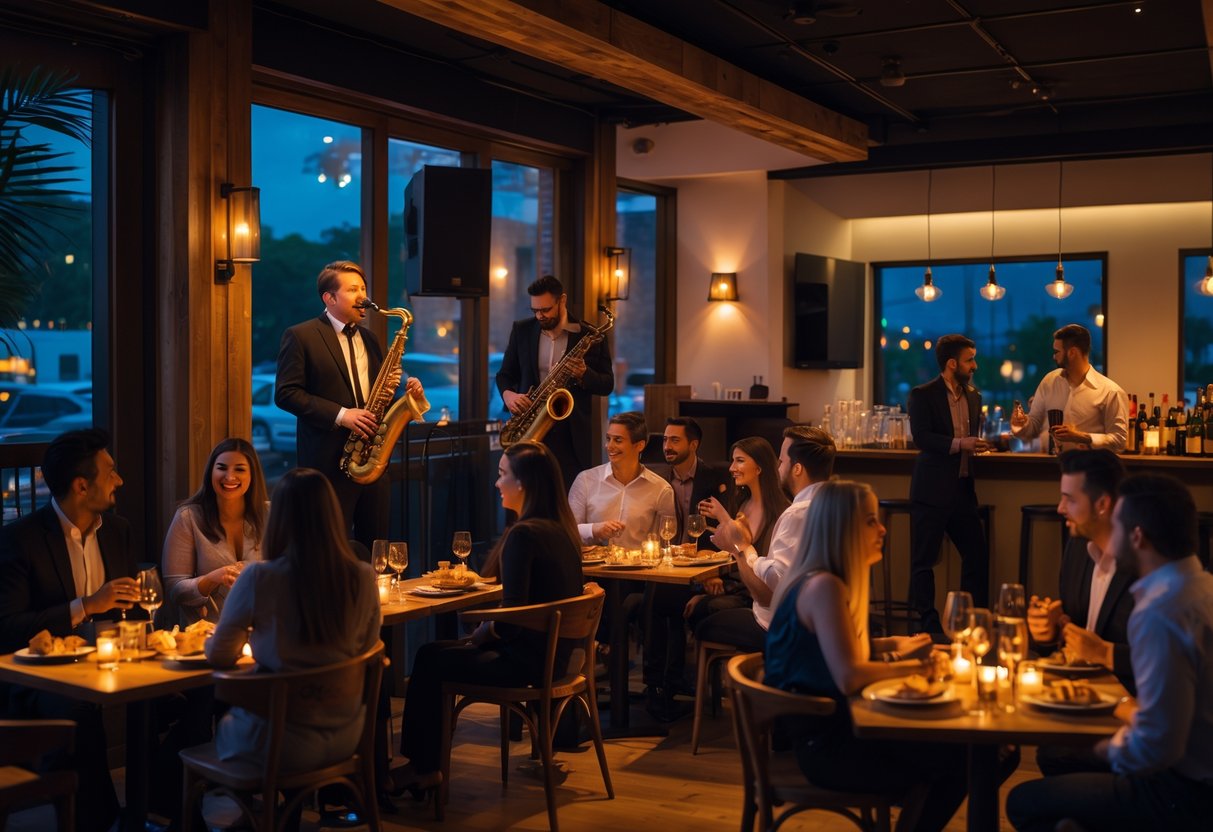Couples and friends enjoying live jazz music at a cozy tapas bar with musicians playing on a small stage.