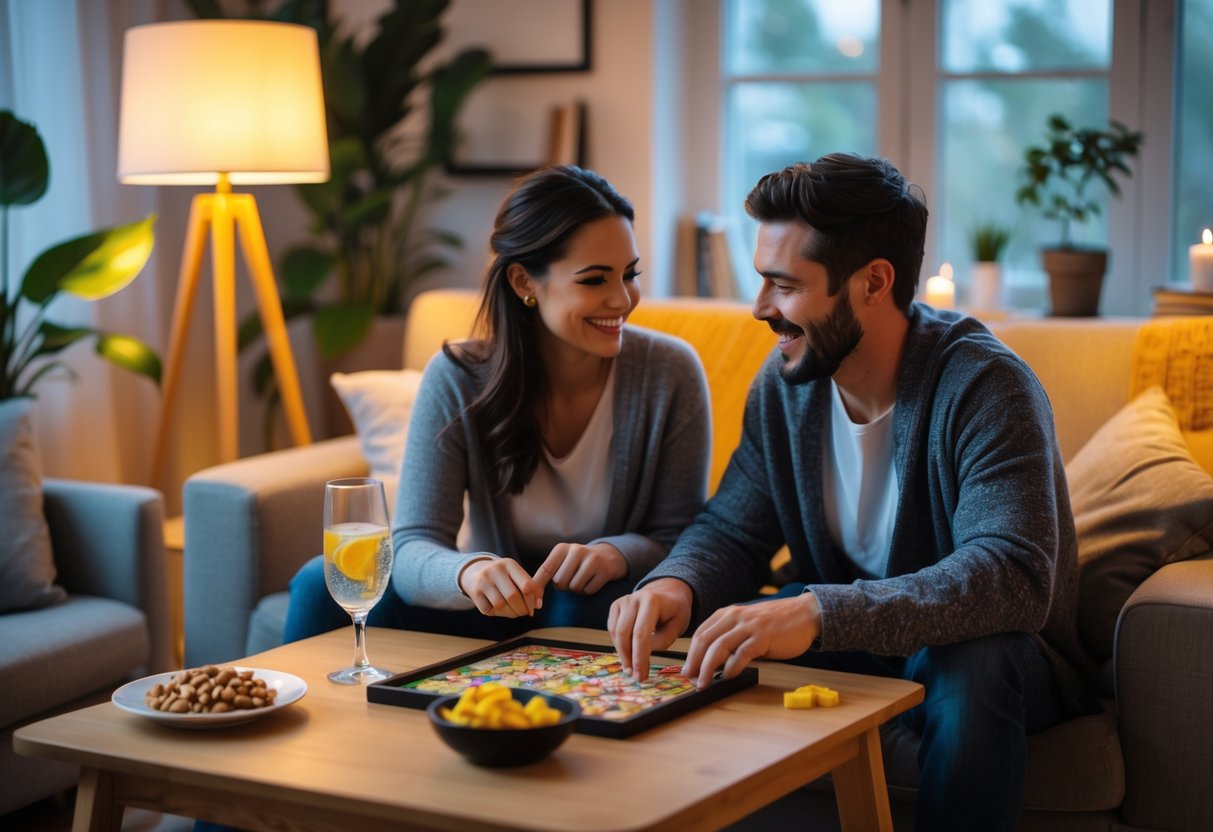 A couple playing a board game at a small table with non-alcoholic drinks in a cozy living room.