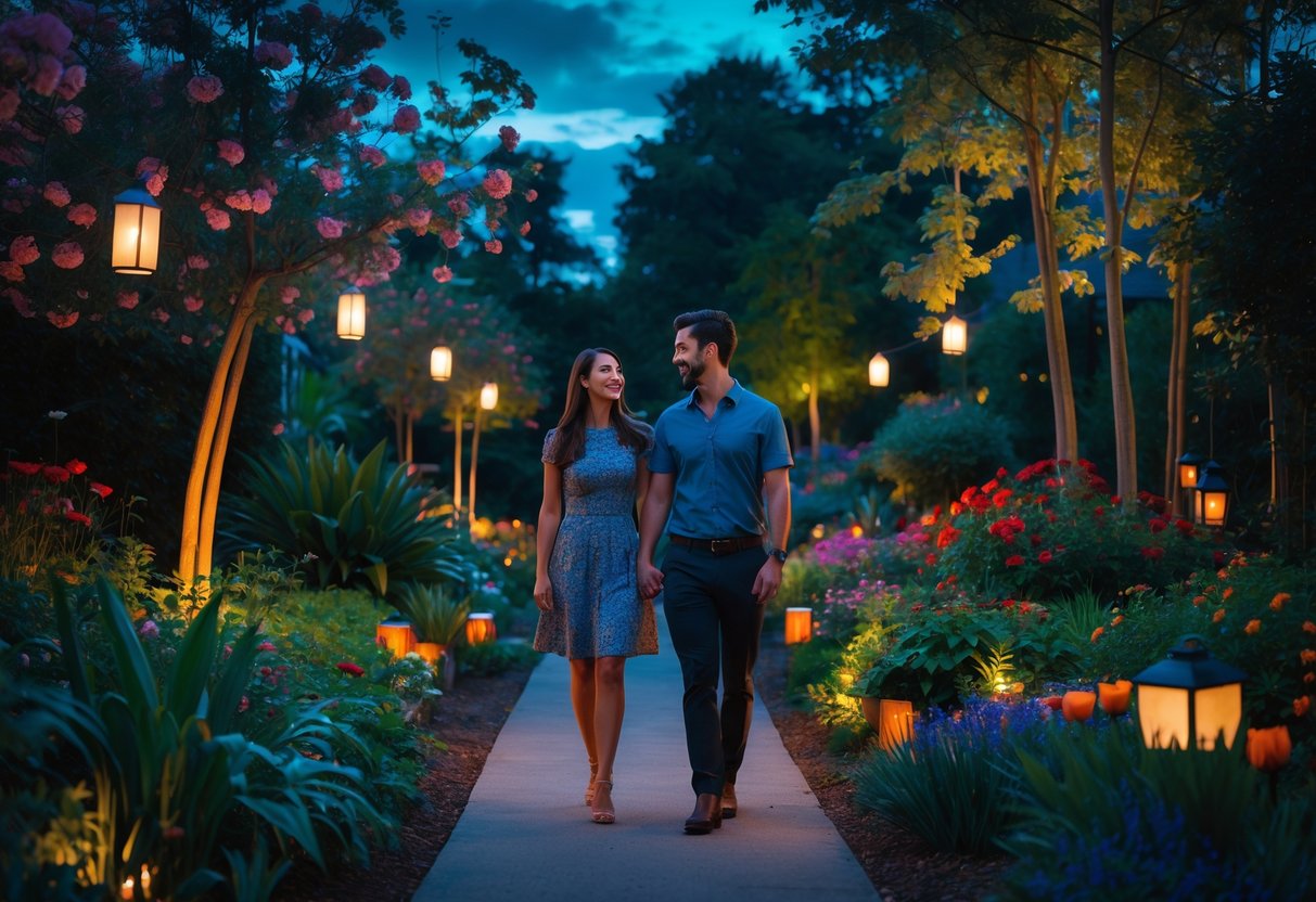 A young couple walking hand-in-hand along a garden path surrounded by plants and flowers with soft lantern lights in the evening.