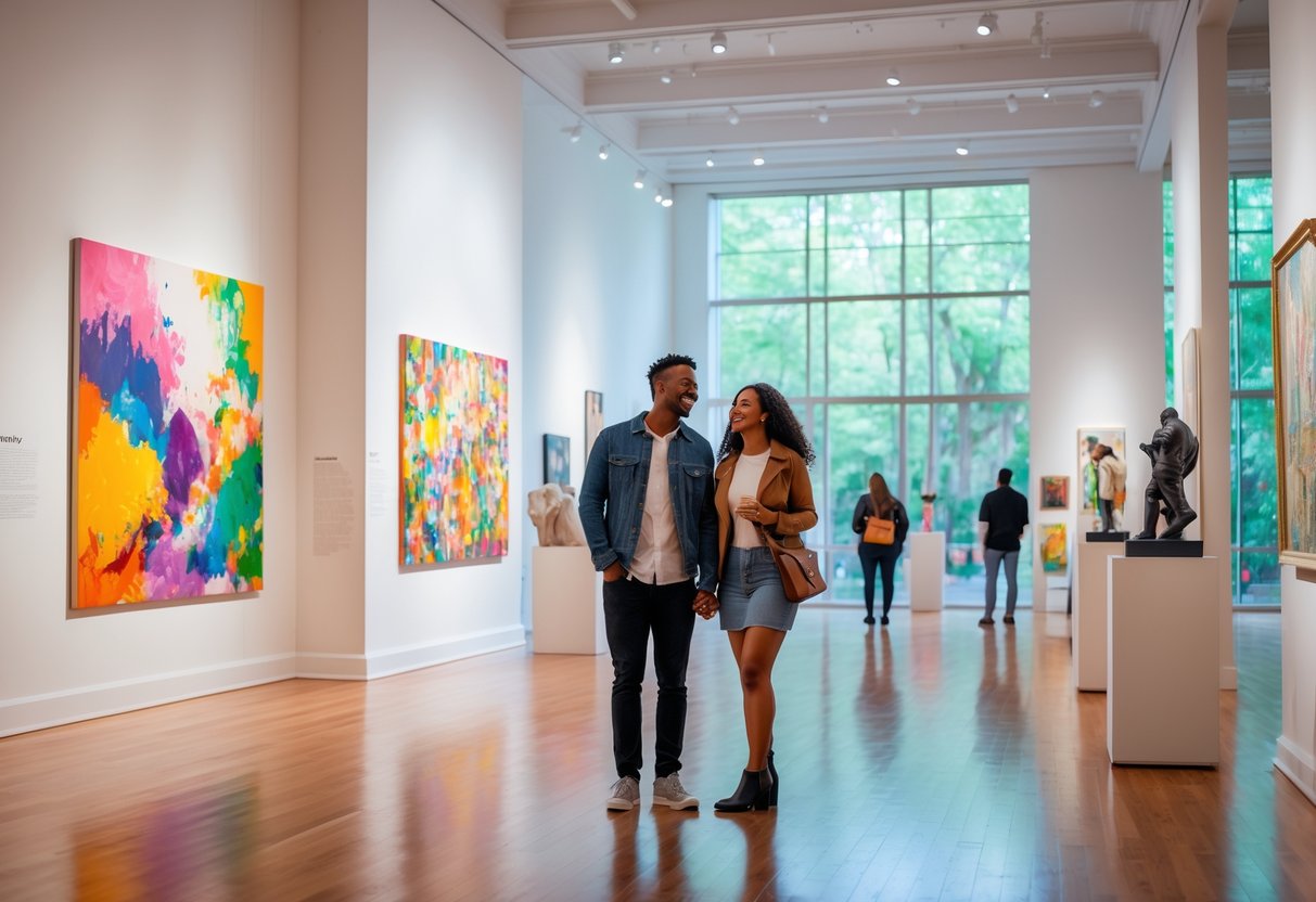 A young couple looking at paintings and sculptures inside an art museum gallery.