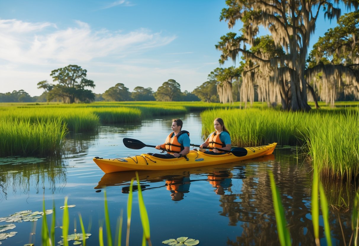 A couple kayaking together through green salt marshes with calm water and trees in the background.