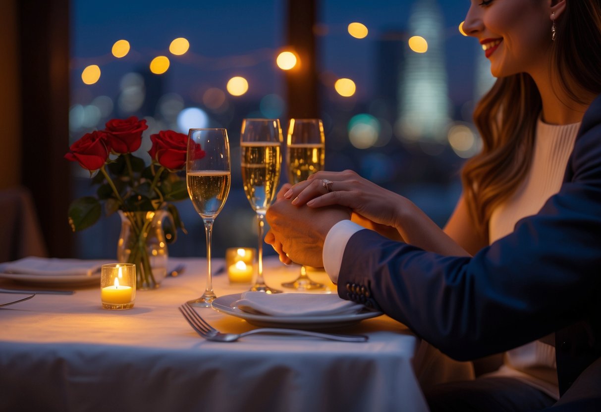 A couple holding hands across a candlelit dinner table set for two with flowers and wine glasses in a cozy restaurant at night.