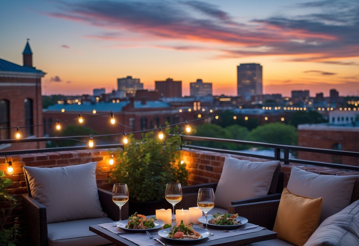 A rooftop terrace in Savannah with a table set for dinner and drinks overlooking the city skyline at sunset.