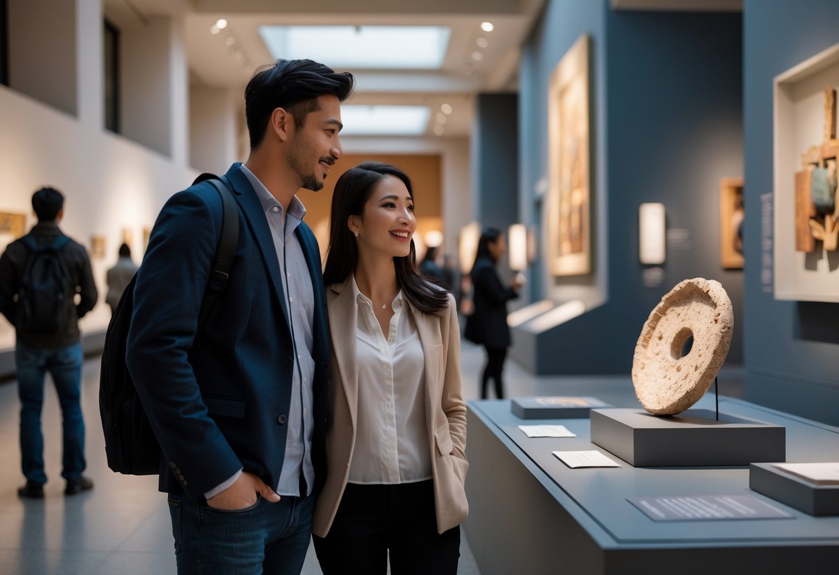 A couple quietly enjoying a museum exhibit together on a date night.