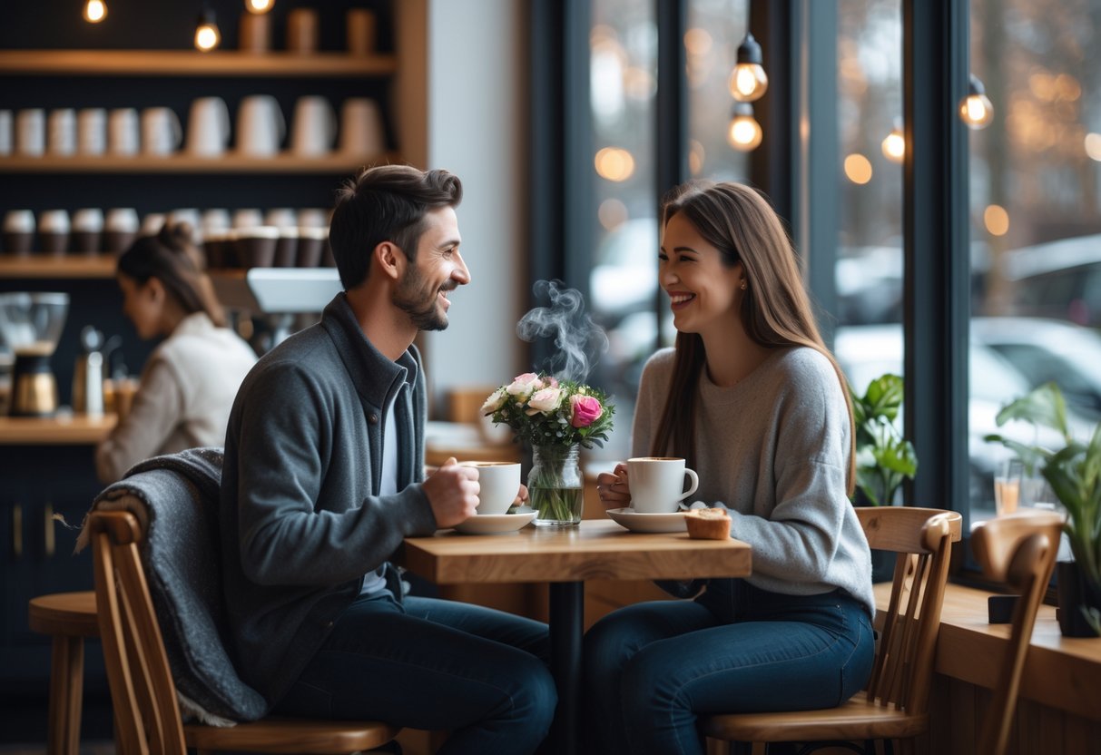 A young couple sitting at a coffee shop table, smiling and talking over cups of coffee in a cozy setting.