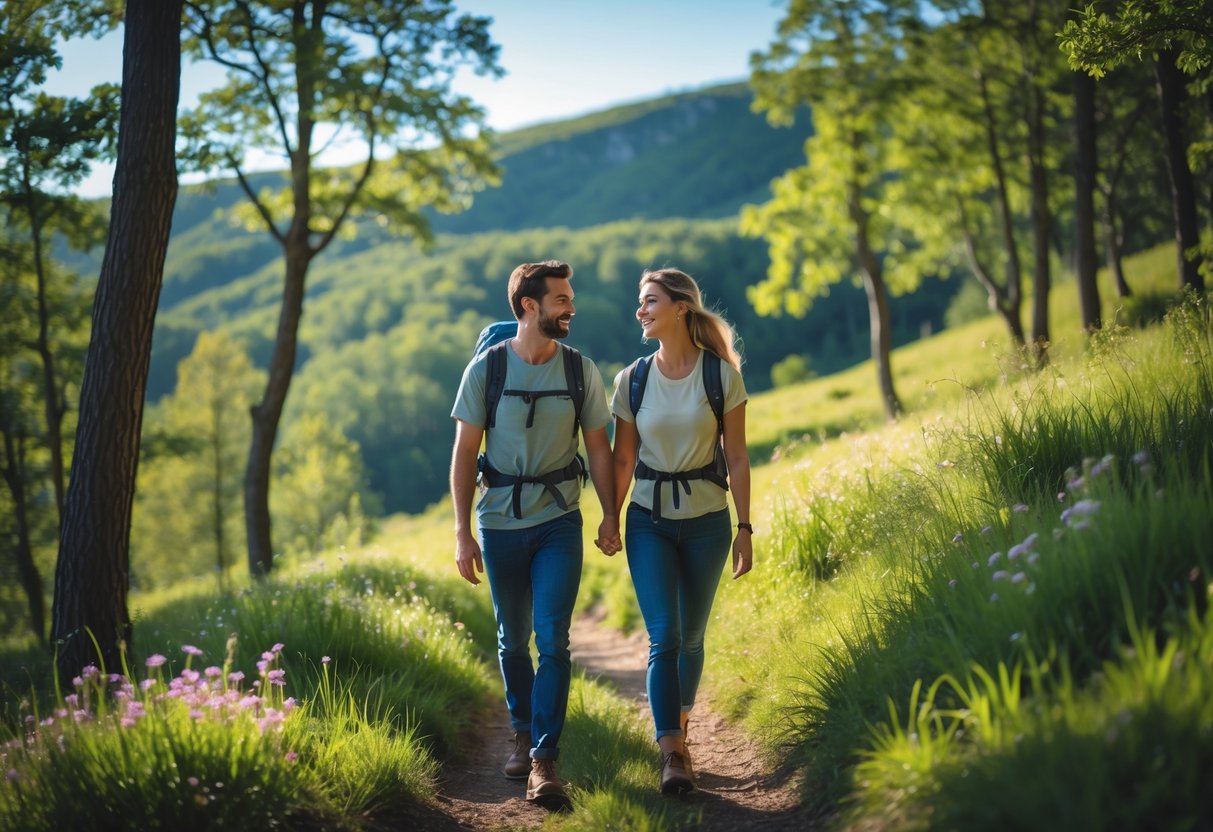 A couple hiking together on a forest trail surrounded by trees and wildflowers under a clear sky.