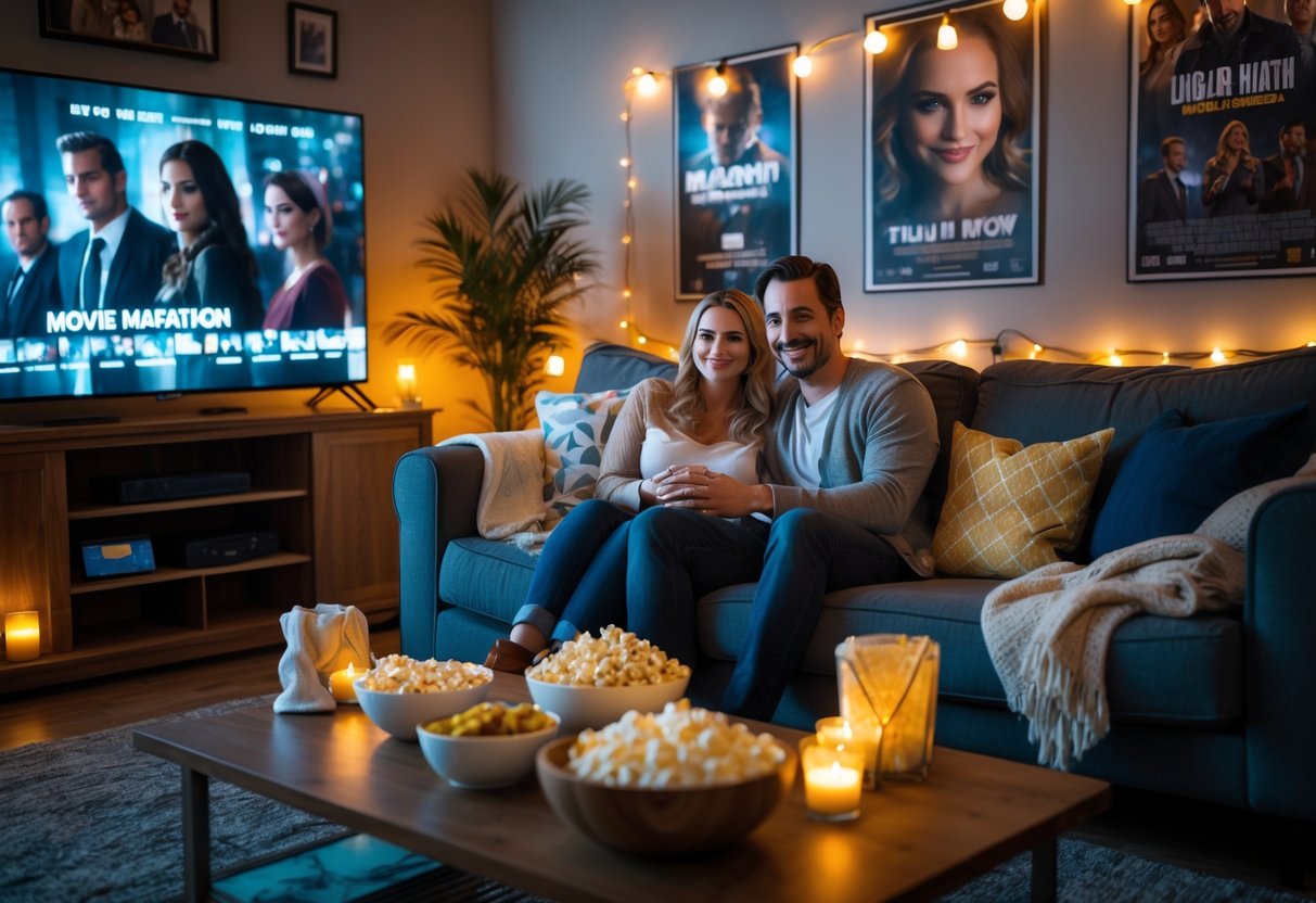 A couple sitting on a sofa in a cozy living room with popcorn and snacks, watching a movie on a large TV.