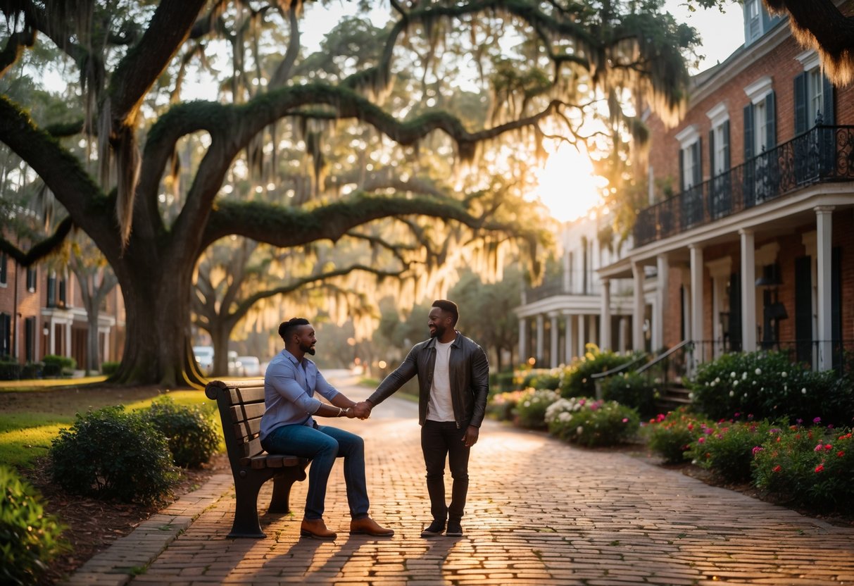 A young couple holding hands and sitting on a bench under oak trees with moss in a historic Savannah outdoor setting.