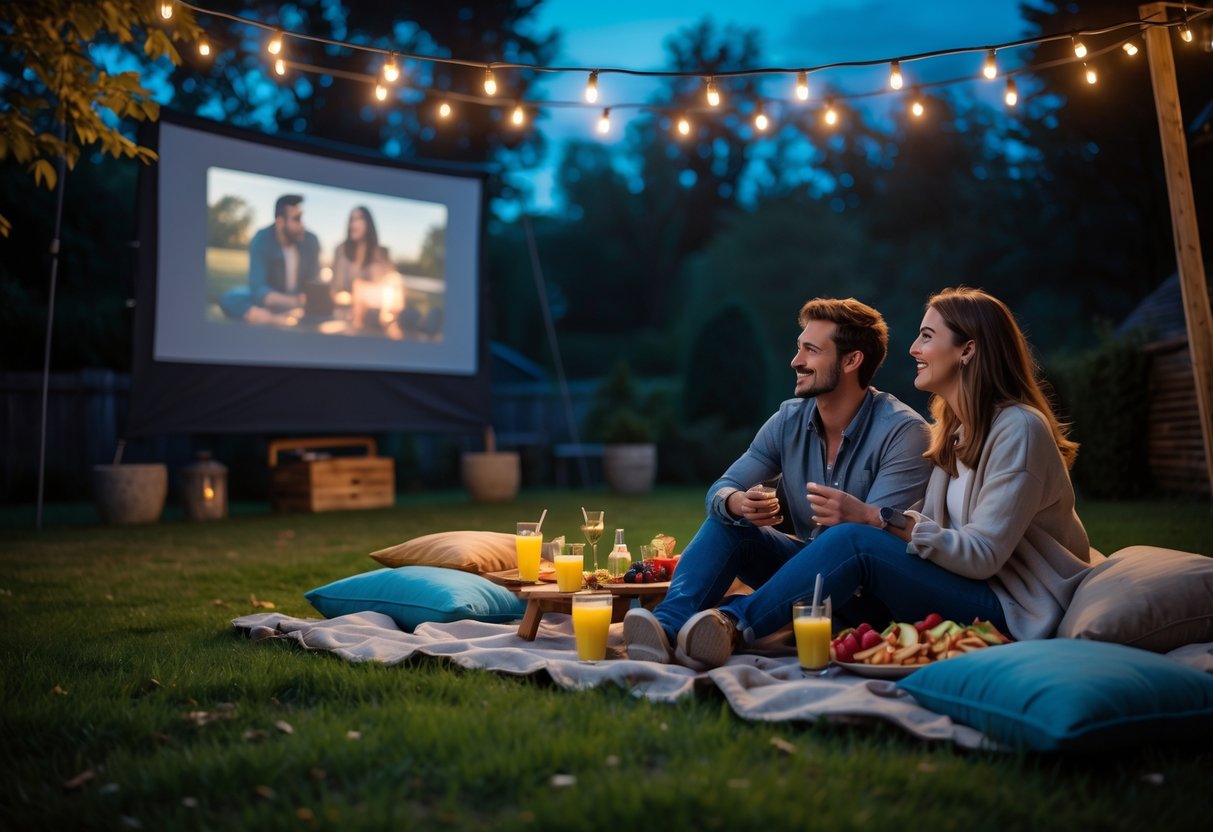 A couple sitting on a picnic blanket watching an outdoor movie on a large screen at twilight.