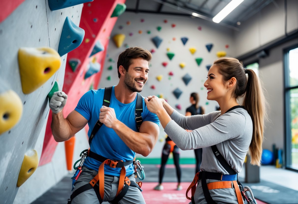 A young couple helping each other with climbing gear inside an indoor rock climbing gym.