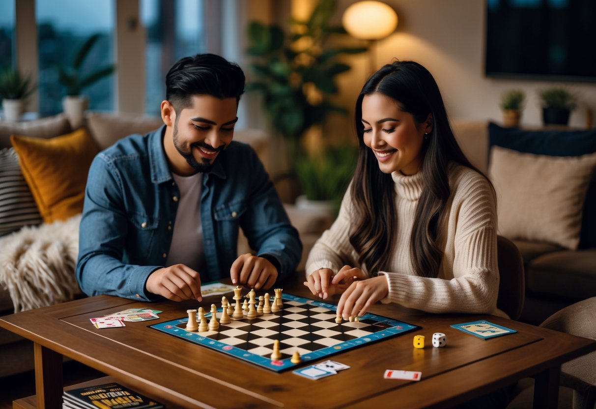 A couple playing classic board games together at a wooden table in a cozy living room.