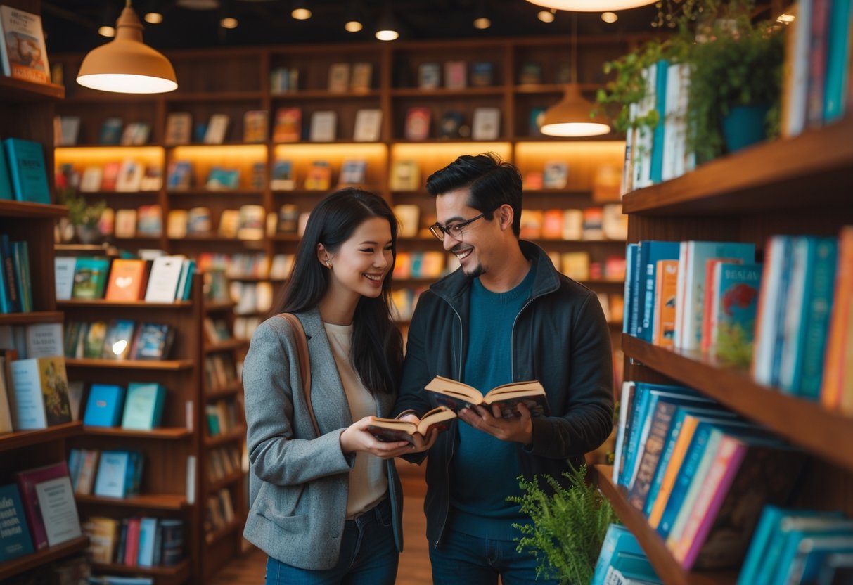 A couple in a cozy bookstore exchanging books while smiling at each other.