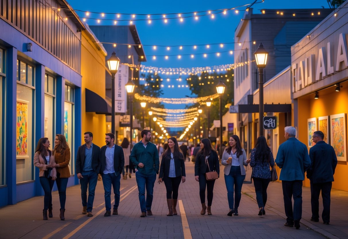 People walking and enjoying outdoor art displays on a lively city street during an evening art event.
