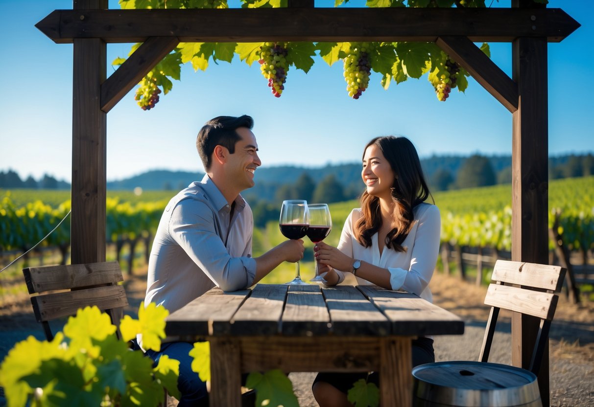 A couple enjoying wine together at an outdoor table in a vineyard with grapevines and hills in the background.