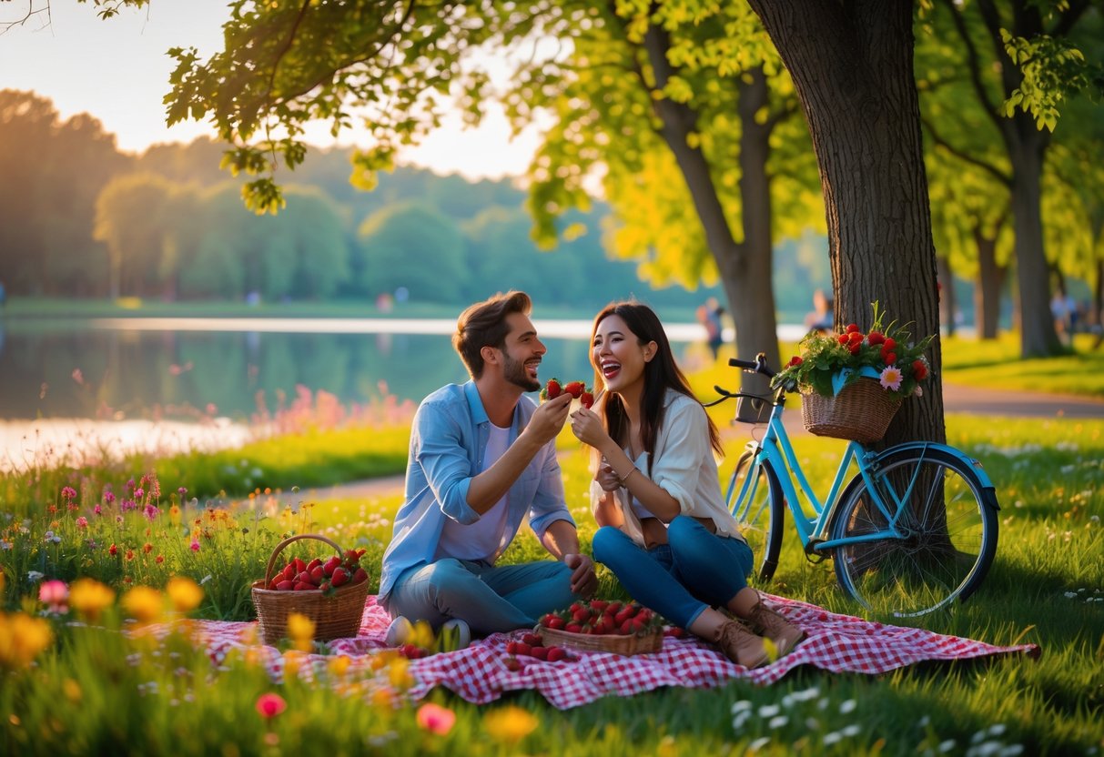 A young couple having a picnic on a blanket in a park near a lake, surrounded by trees and flowers.