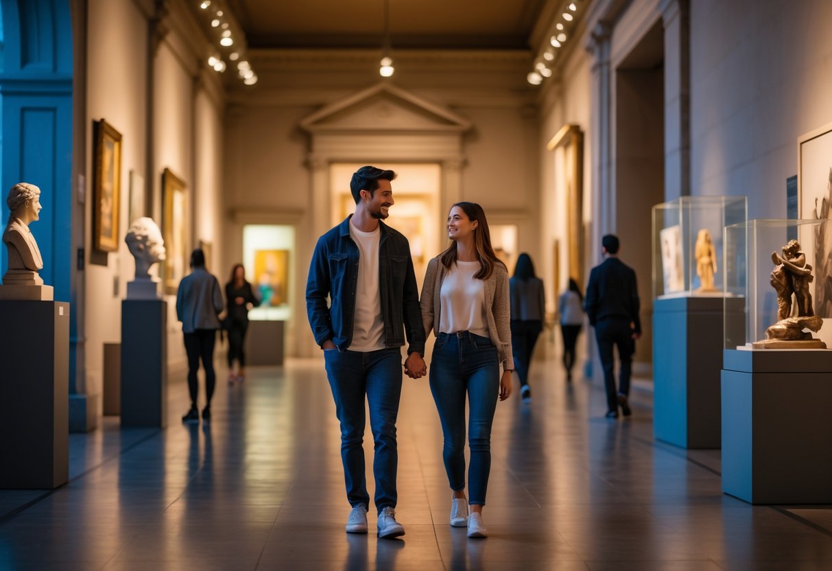 A young couple walking hand-in-hand through a softly lit museum gallery in the evening, admiring art exhibits.