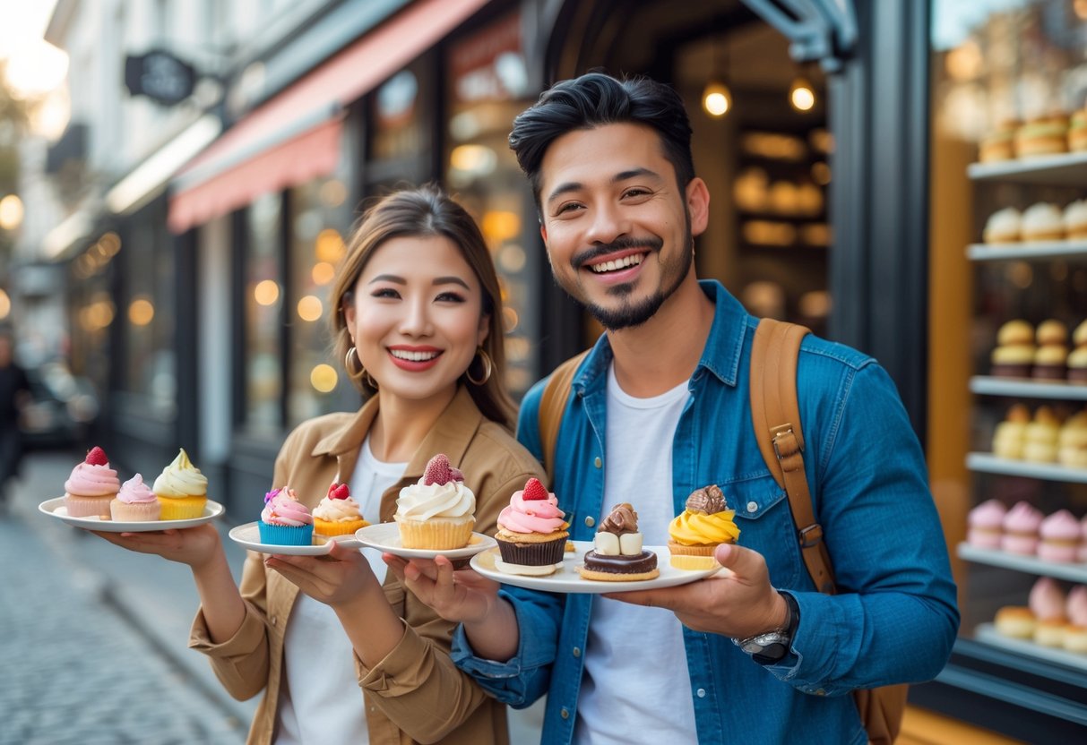 A couple enjoying various desserts from different bakeries while walking on a city street.