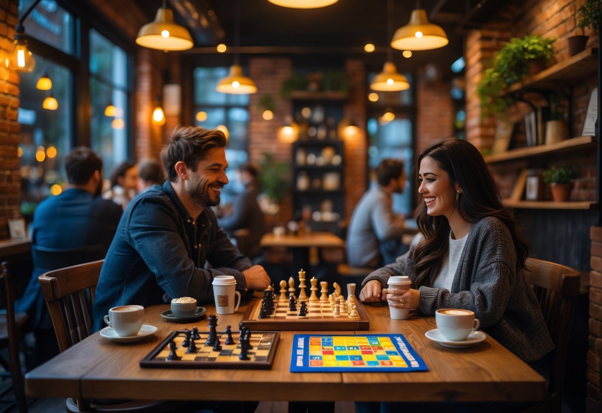 Two people playing board games at a wooden table in a cozy cafe or pub with warm lighting and snacks.