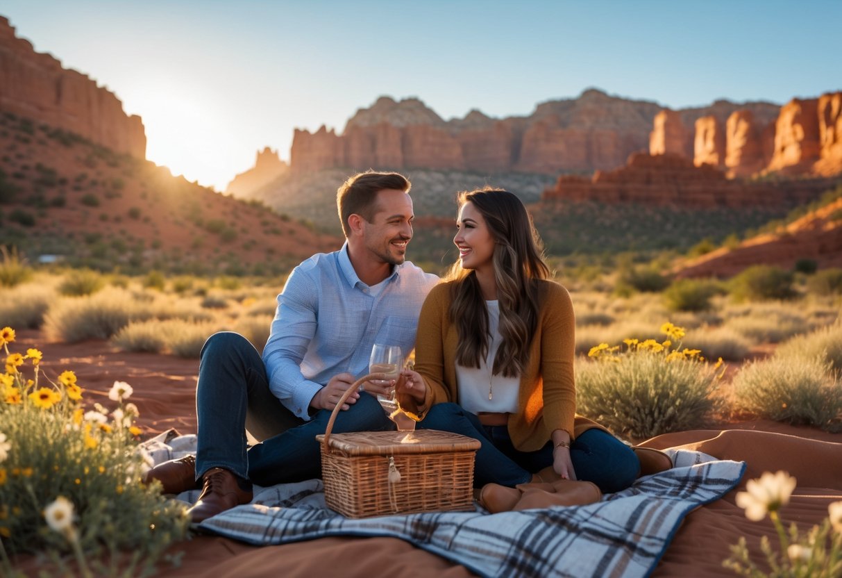 A couple enjoying a picnic at sunset with red rock formations and desert landscape in St. George, Utah.