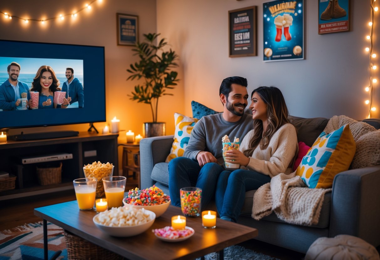 A couple sitting together on a sofa in a cozy living room with snacks and soft lighting, ready to watch movies.
