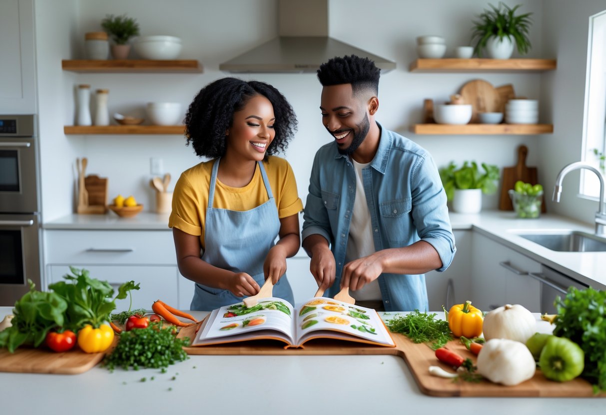 A couple cooking together in a kitchen, smiling and preparing a meal from an open cookbook on the counter.