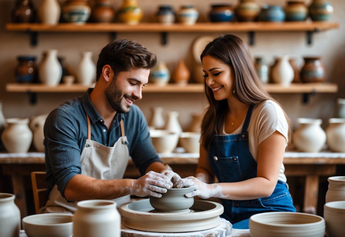 A couple making pottery together at a pottery wheel inside a cozy studio.