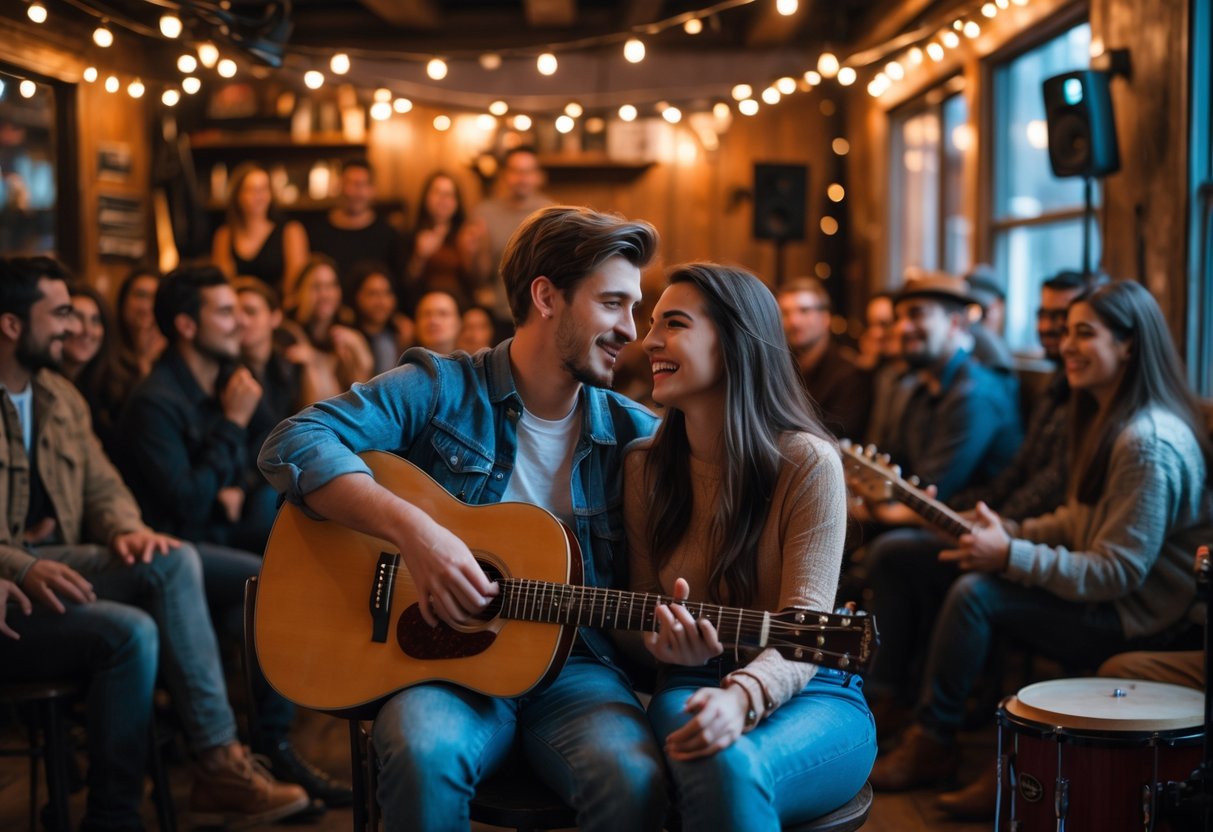 A young couple enjoying live music at a small open mic event with a musician playing guitar on stage and a crowd watching.