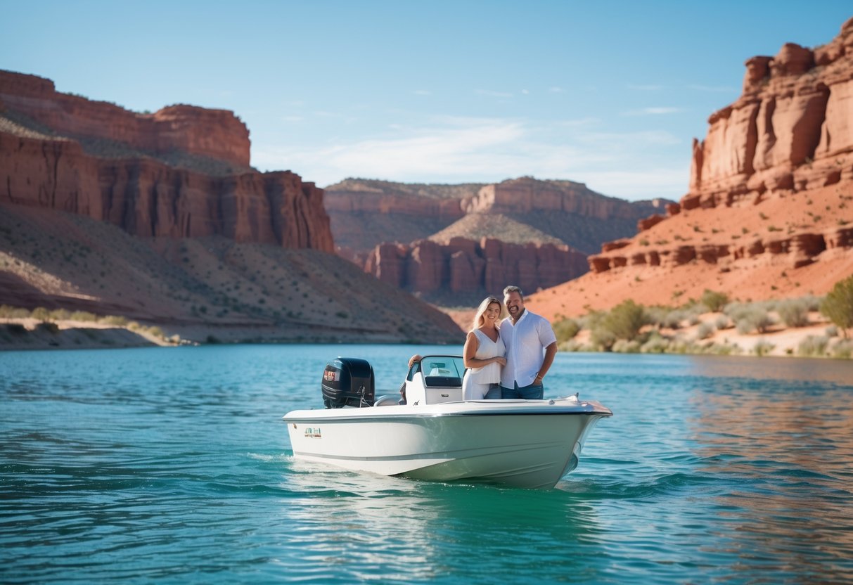 A couple boating on calm blue water surrounded by red sandstone cliffs and desert landscape at Sand Hollow Reservoir.