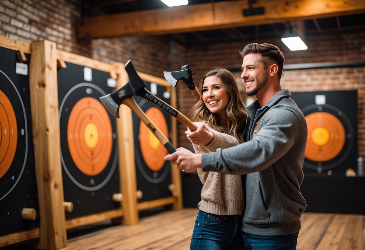 A young couple enjoying axe throwing together indoors at a lively venue with wooden targets and warm lighting.