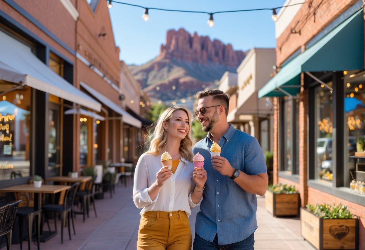 A couple walking and enjoying desserts together on a sunny street in downtown St. George with red rock formations in the background.