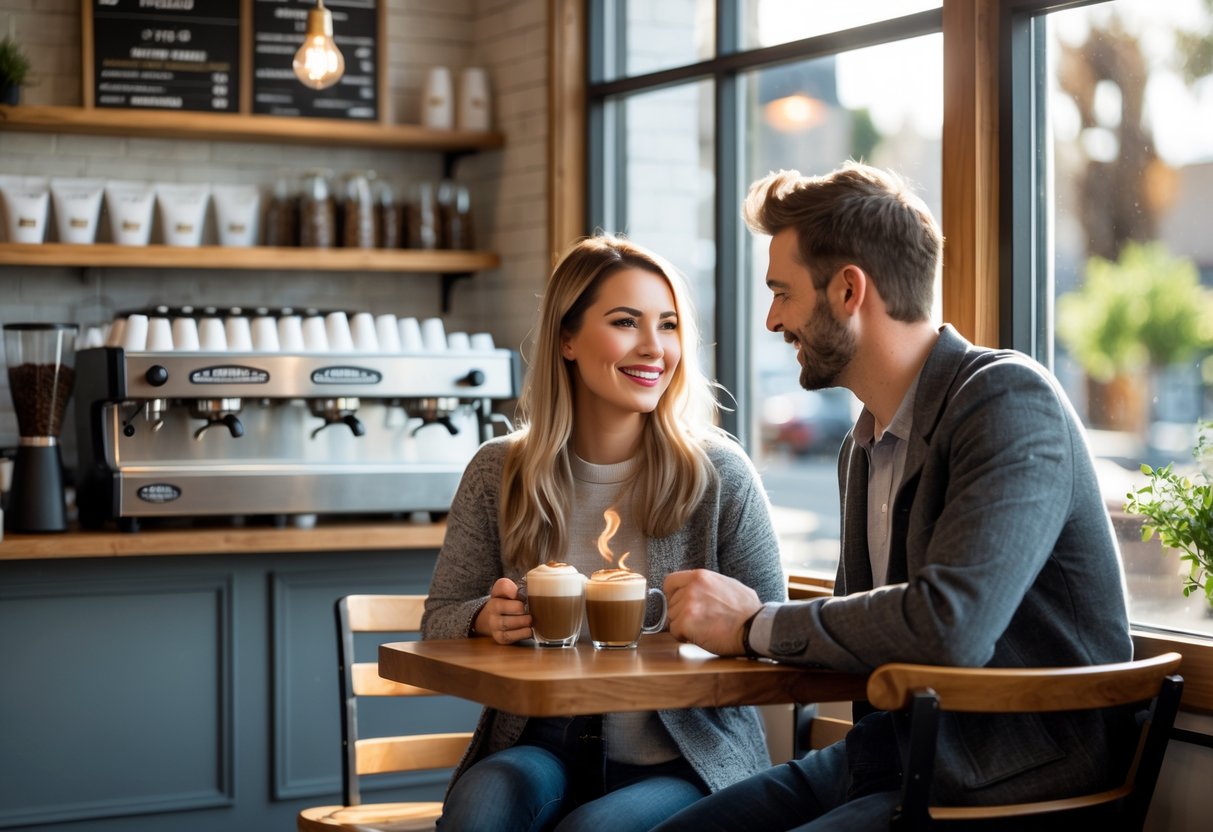 A young couple enjoying coffee together at a cozy coffee shop table by a window.