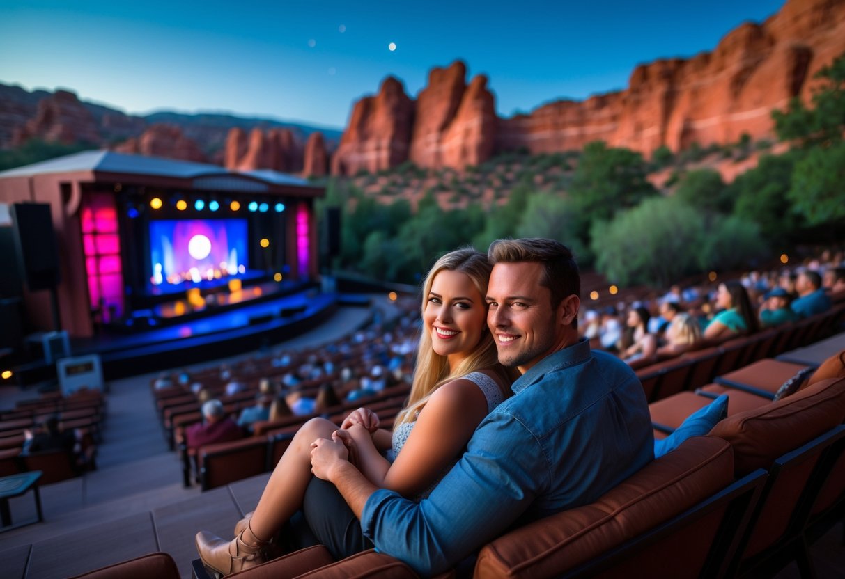 A couple enjoying a live show together outdoors at Tuacahn Amphitheatre surrounded by red rock formations at dusk.