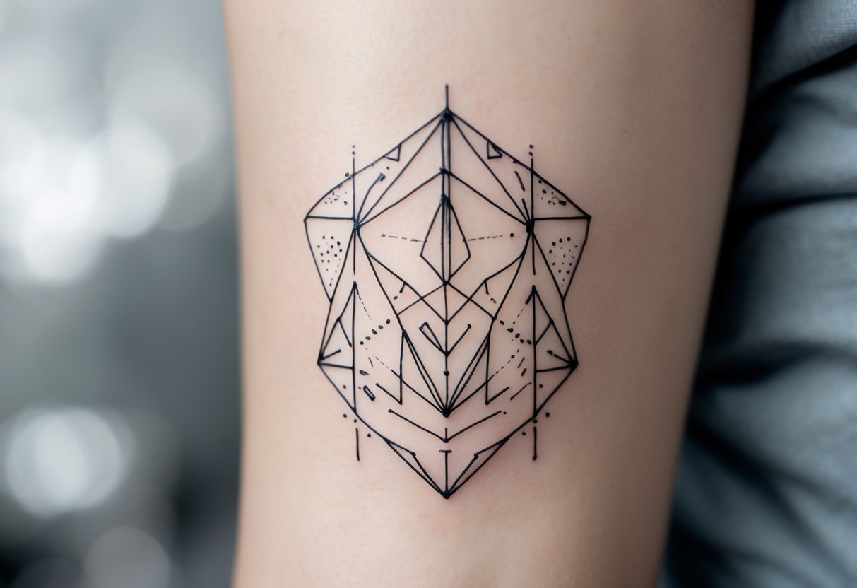 Close-up of a person's skin showing a detailed geometric tattoo pattern with abstract date elements.