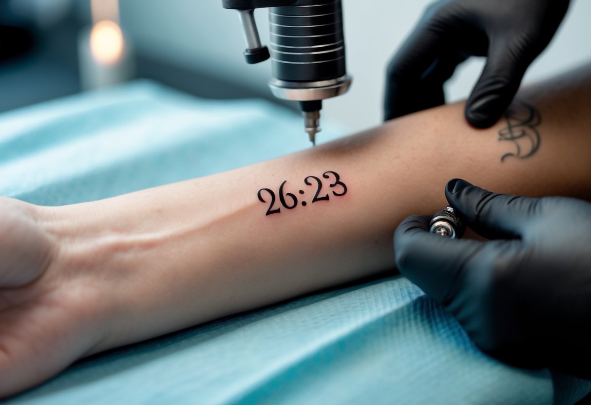 Close-up of a person's forearm with a fresh date tattoo and a tattoo artist's gloved hand holding a tattoo machine.
