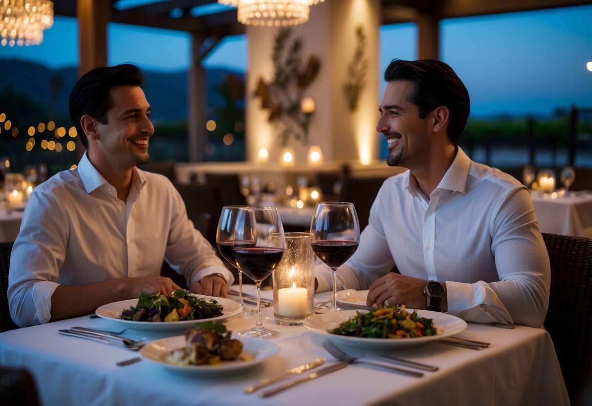 A couple enjoying a romantic dinner at a beautifully set table in a warmly lit restaurant.