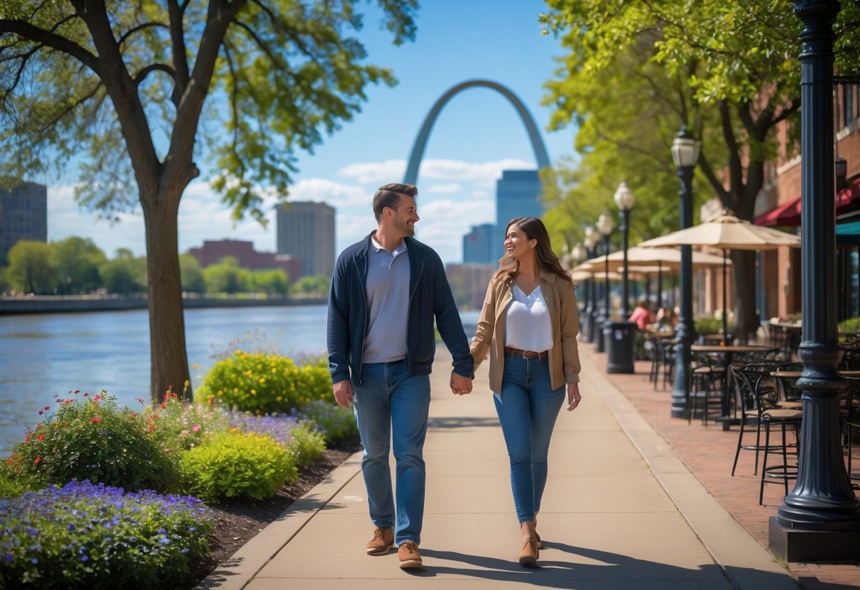 A young couple walking hand-in-hand near the Mississippi River with the Gateway Arch in the background on a sunny day.