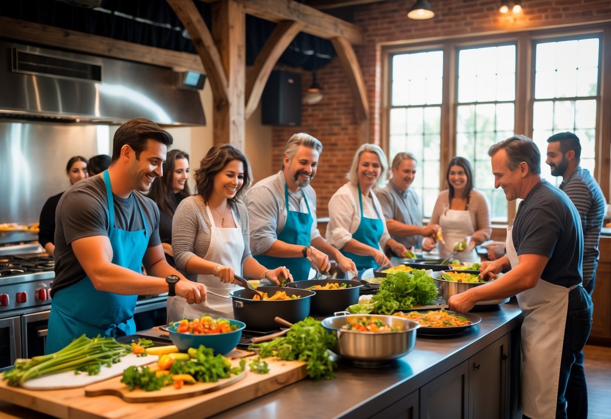 A group of adults cooking together around a kitchen island inside a community theater with rustic decor.
