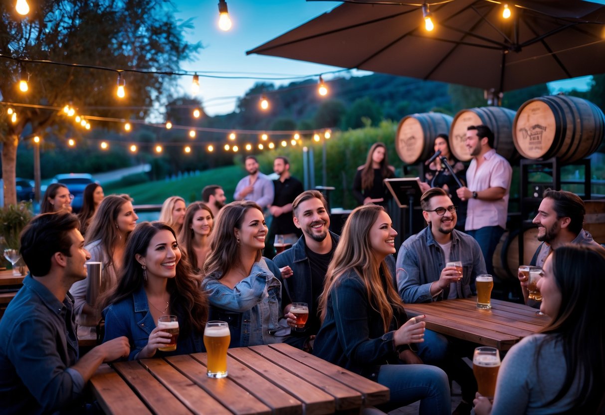 People enjoying live music and craft beer on an outdoor brewery patio at twilight.