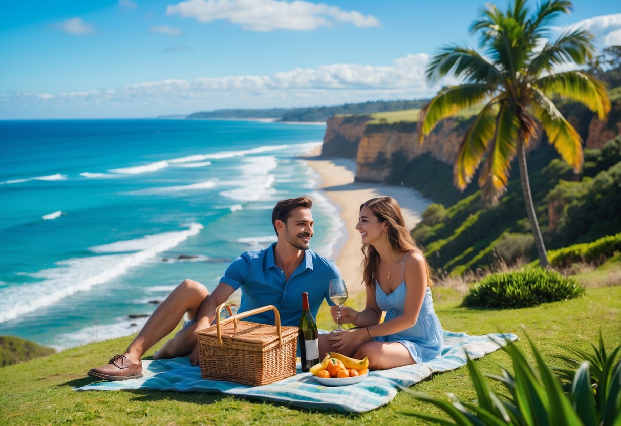 A young couple having a picnic on a grassy hill overlooking the ocean and beach on a sunny day.