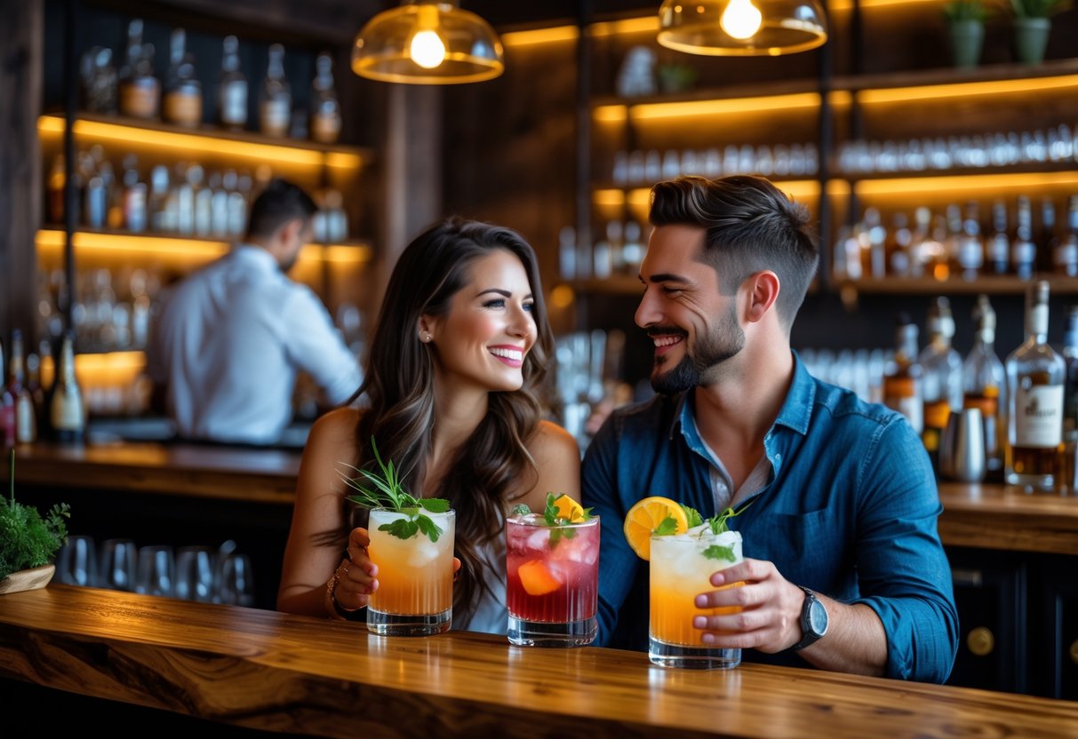 A couple enjoying craft cocktails at a cozy bar with a bartender preparing drinks in the background.
