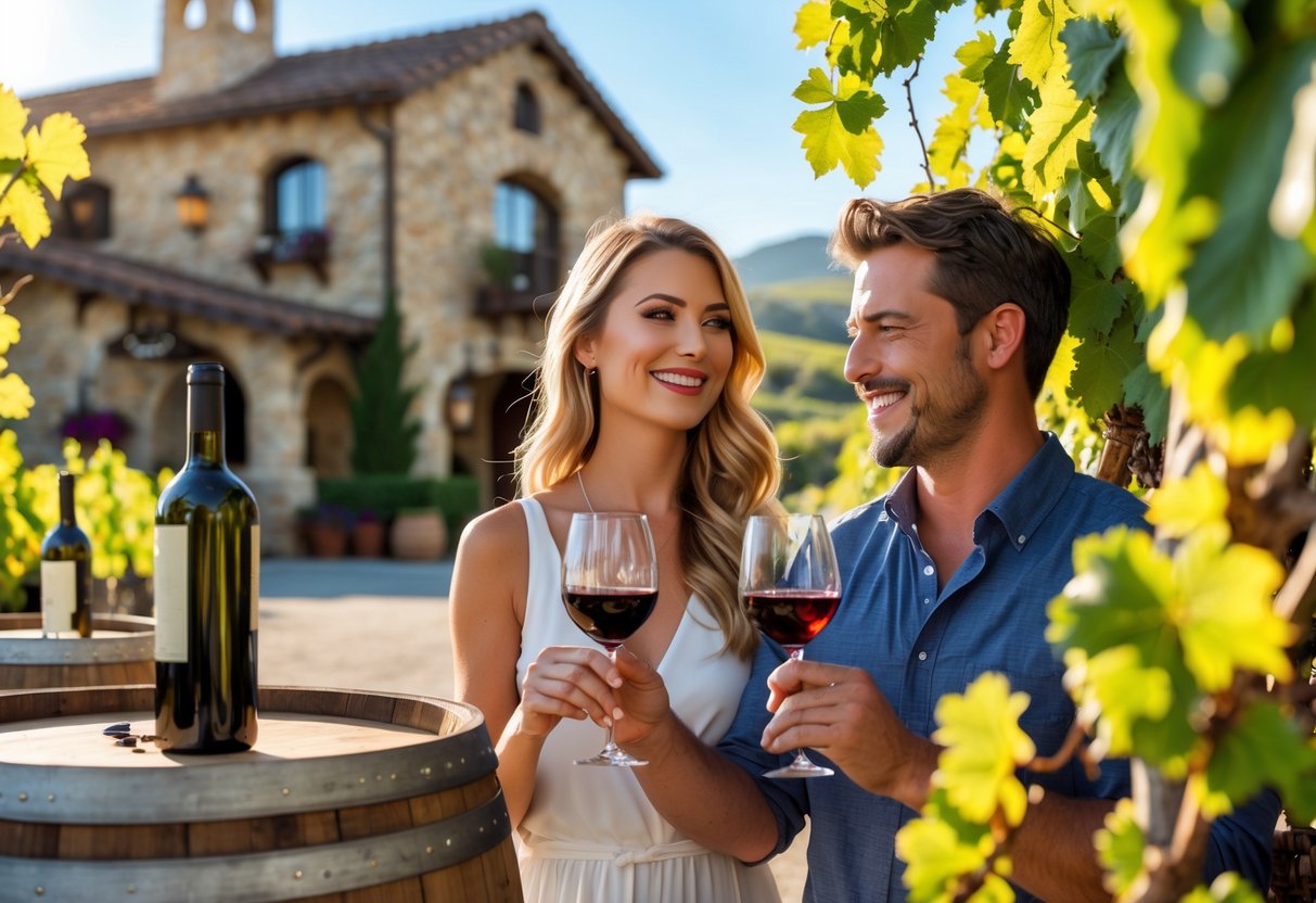 A couple enjoying a private wine tasting in a vineyard at Europa Village in Temecula on a sunny day.