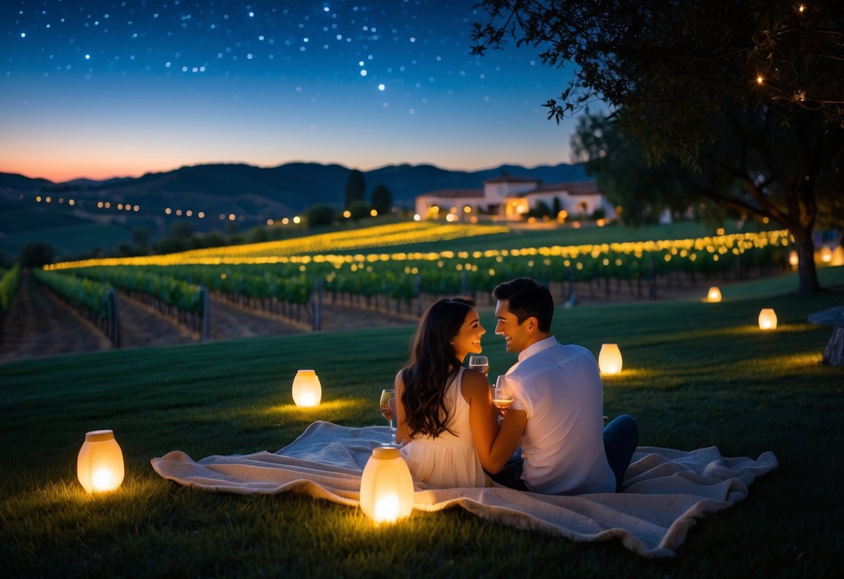 A couple sitting on a blanket in a vineyard at night, looking at each other under a starry sky.