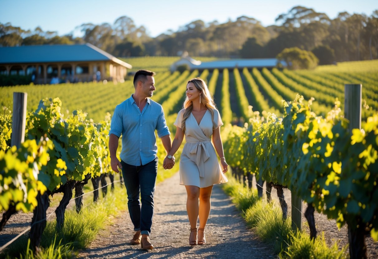 A couple walking hand in hand through a sunlit vineyard with green grapevines and a winery building in the background.