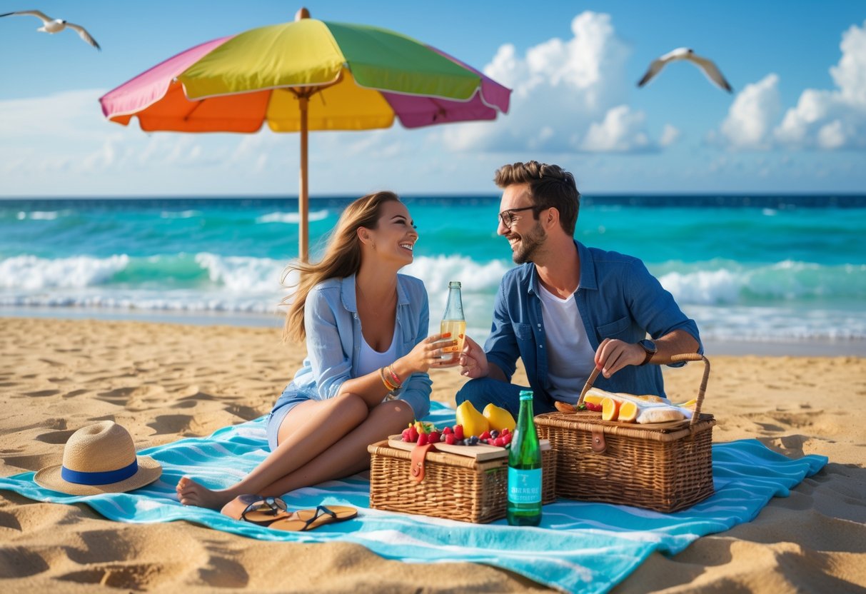 A young couple enjoying a picnic on the sand near the ocean on a sunny afternoon.
