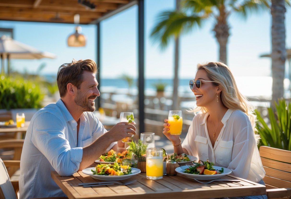A couple enjoying lunch together at an outdoor cafe with greenery and coastal scenery in the background.