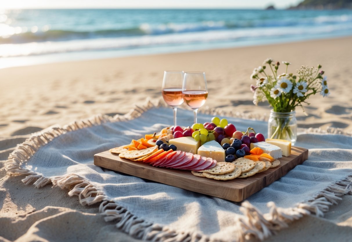 A picnic setup on the sand near the beach with a charcuterie board, wine glasses, and a picnic blanket under a clear sky.