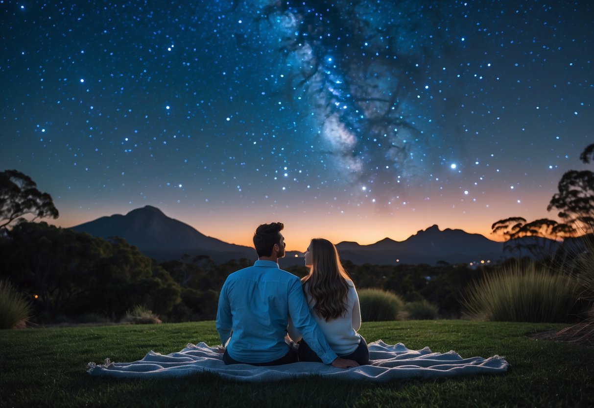 A couple sitting on a blanket near the Glass House Mountains, looking up at a star-filled night sky.